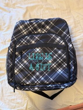 Plaid Black and Gray Backpack with Teal Embroidery - Thirty One